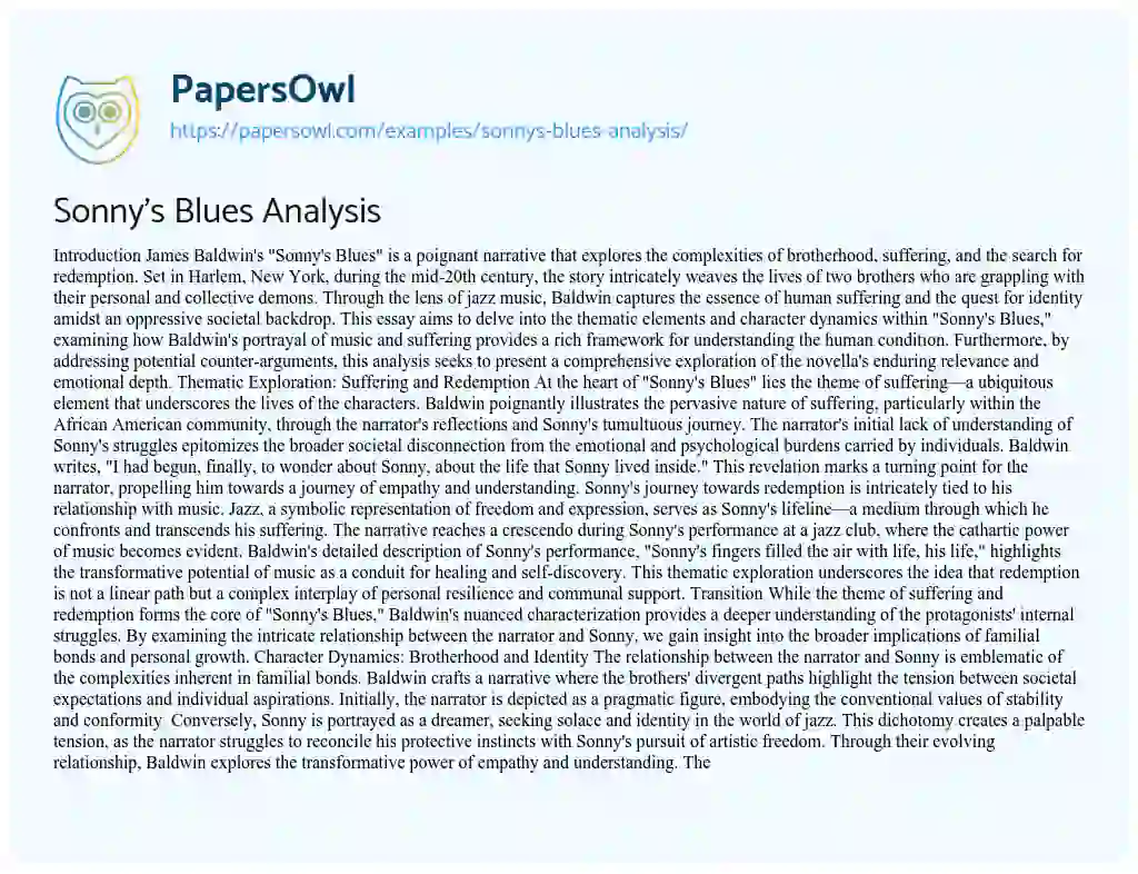 Essay on Sonny’s Blues Analysis
