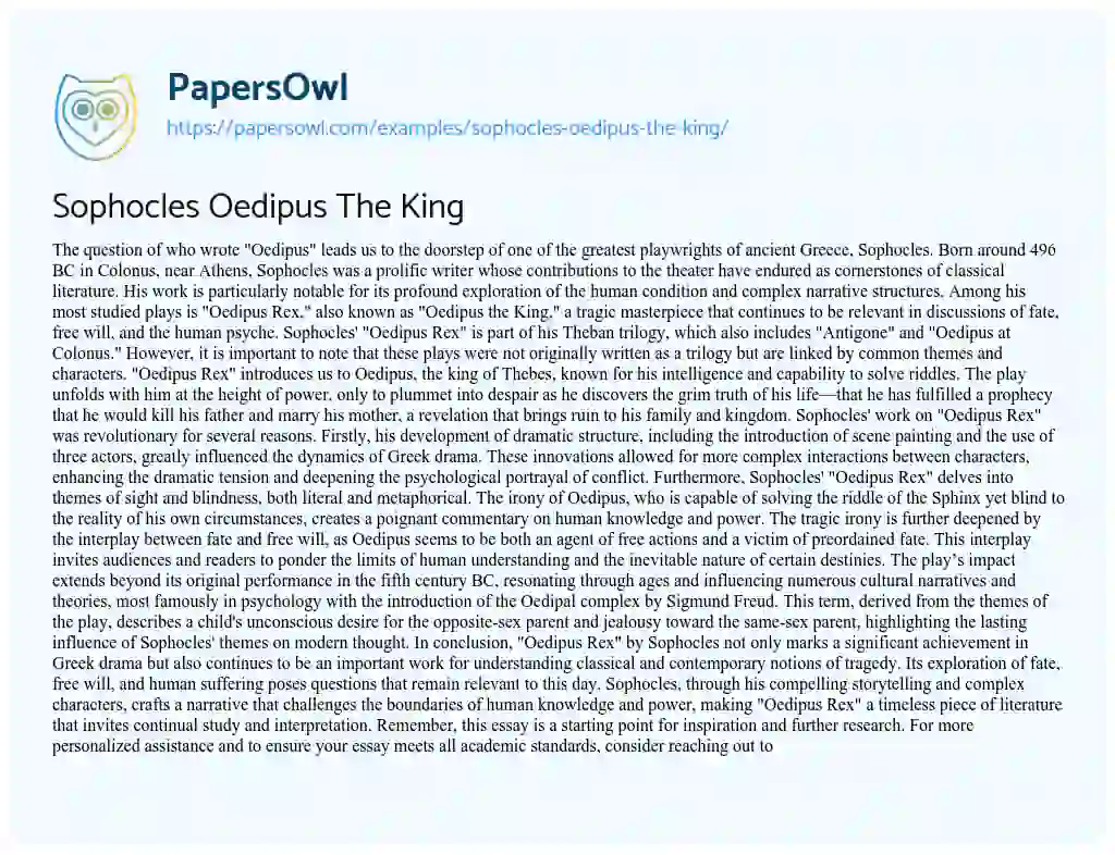 Essay on Sophocles Oedipus the King