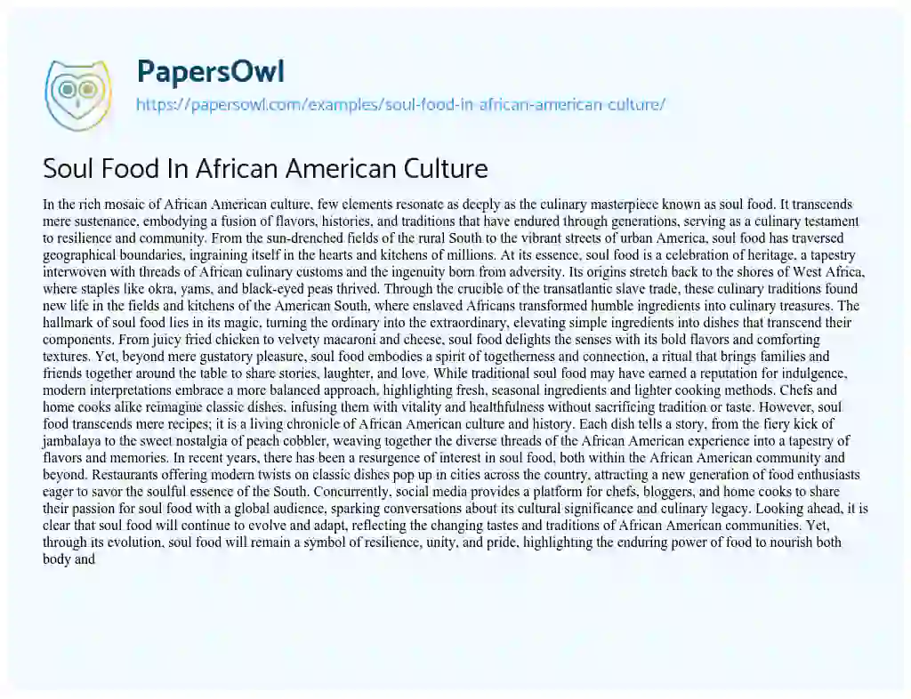Essay on Soul Food in African American Culture
