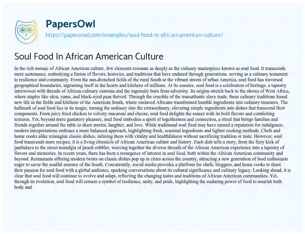 Essay on Soul Food In African American Culture