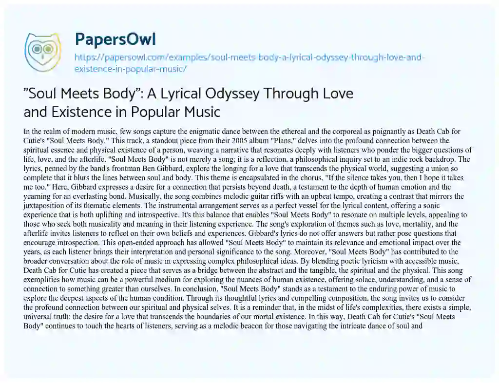 Essay on “Soul Meets Body”: a Lyrical Odyssey through Love and Existence in Popular Music