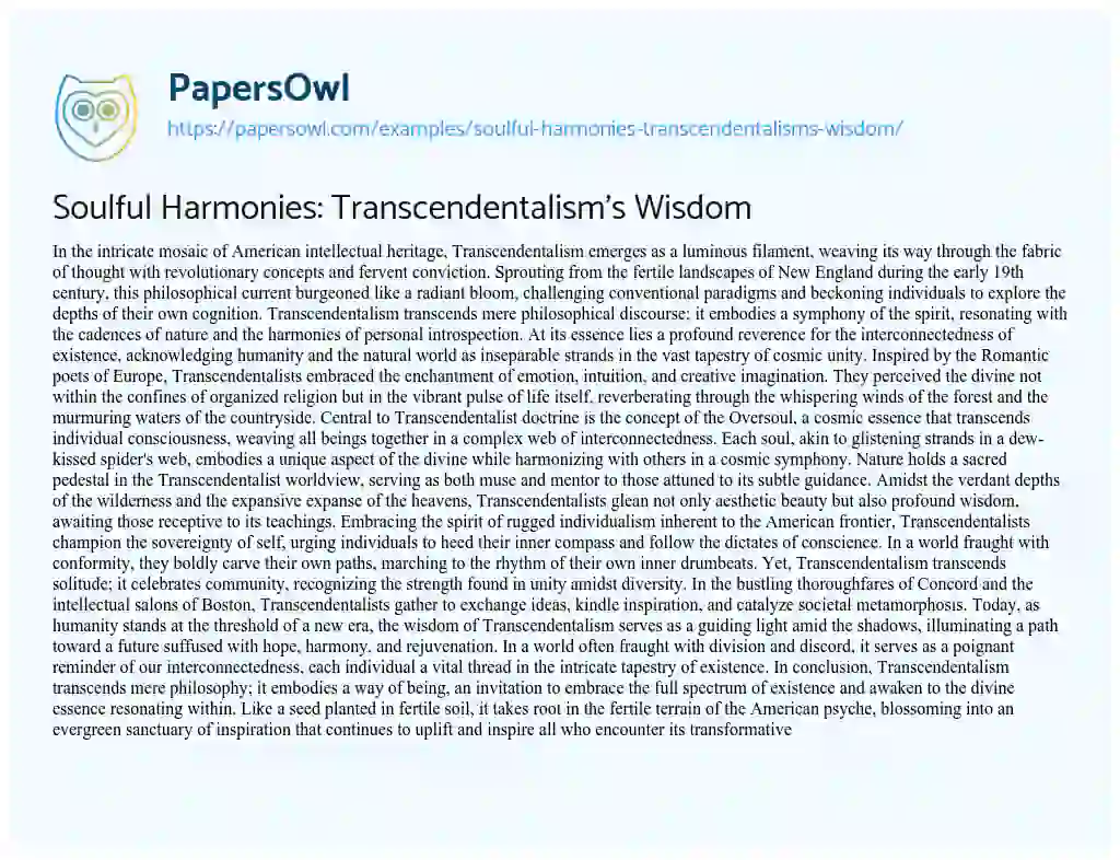 Essay on Soulful Harmonies: Transcendentalism’s Wisdom