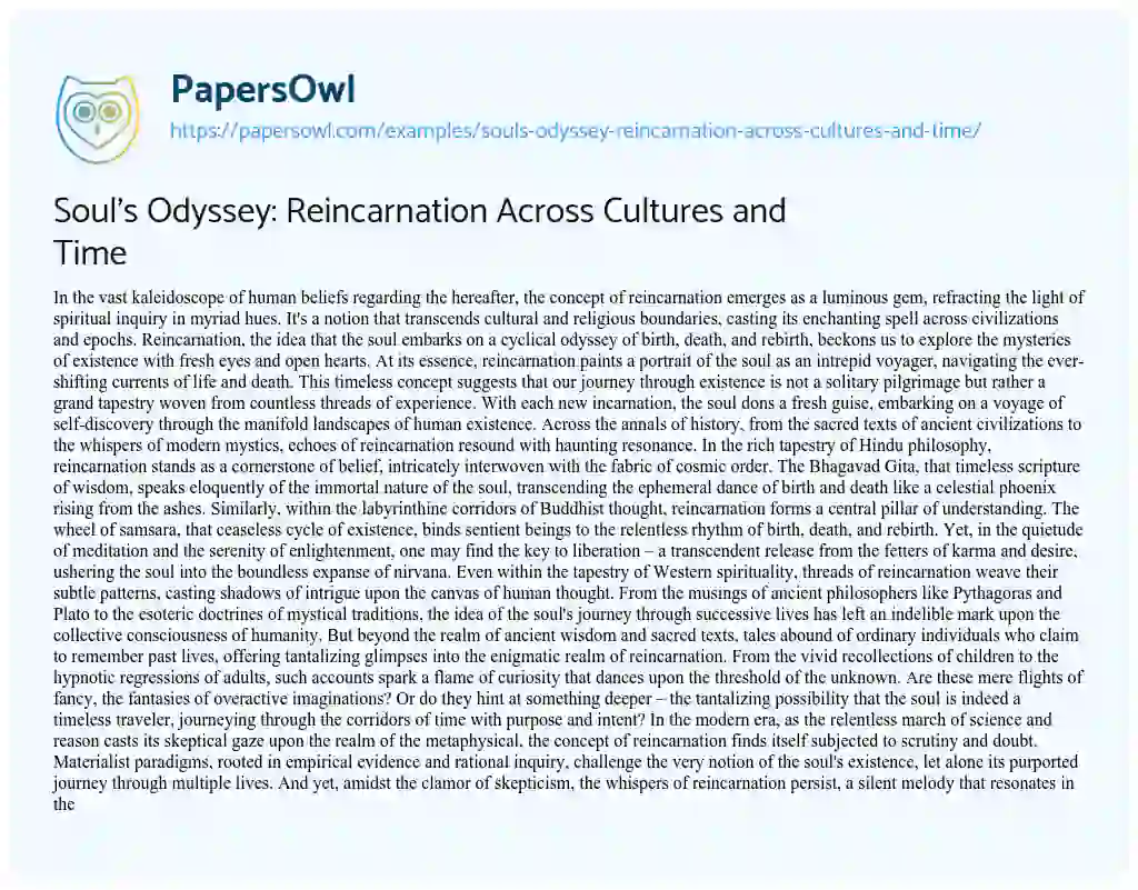 Essay on Soul’s Odyssey: Reincarnation Across Cultures and Time