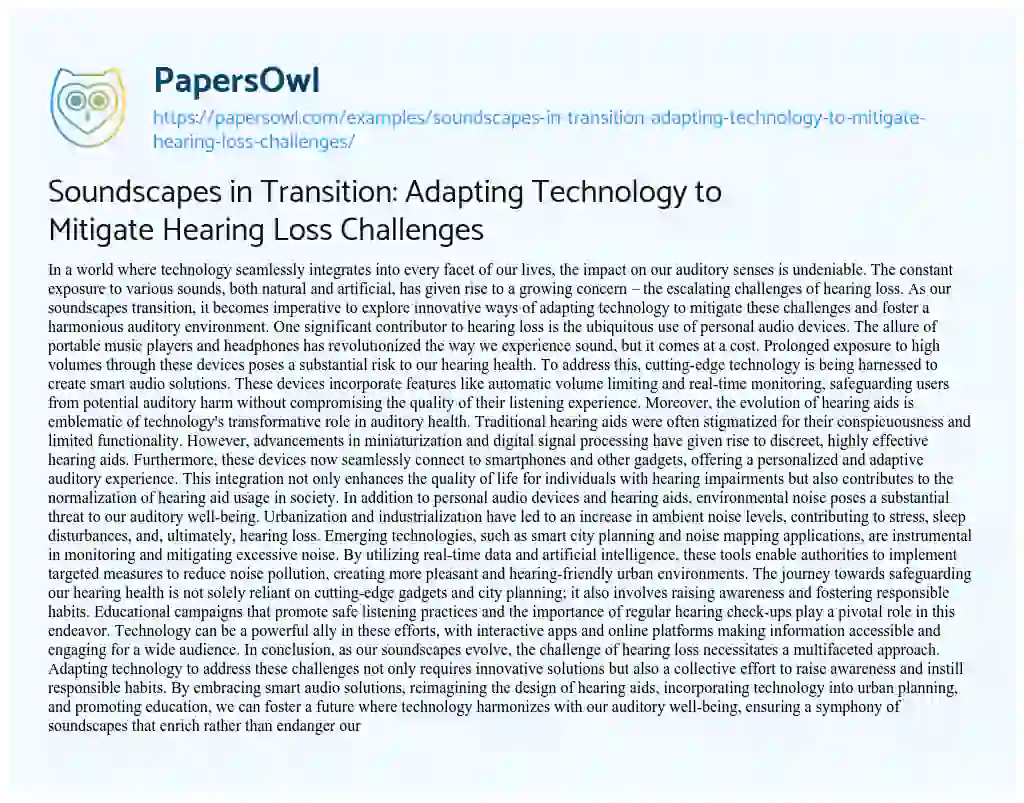 Essay on Soundscapes in Transition: Adapting Technology to Mitigate Hearing Loss Challenges