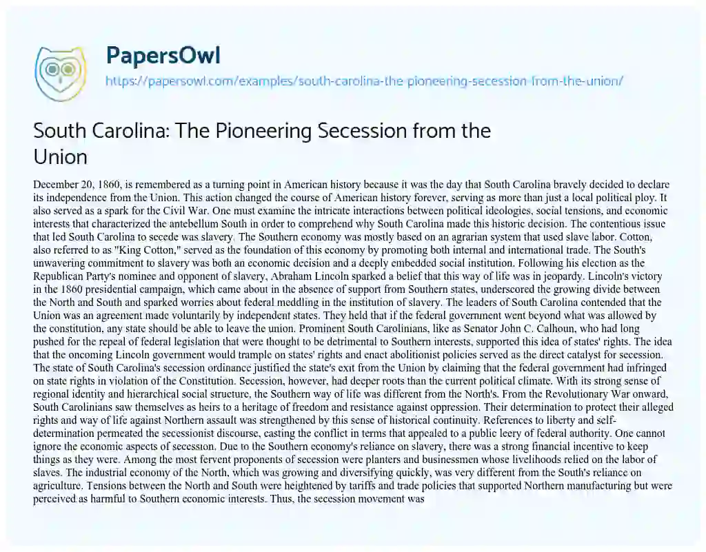 Essay on South Carolina: the Pioneering Secession from the Union