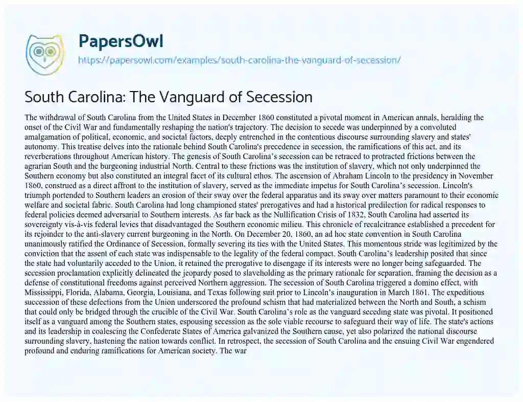 Essay on South Carolina: the Vanguard of Secession