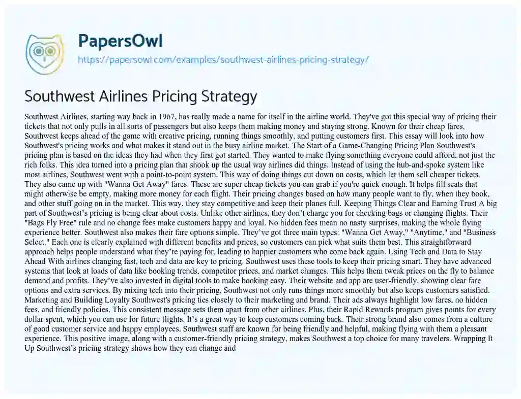 Essay on Southwest Airlines Pricing Strategy