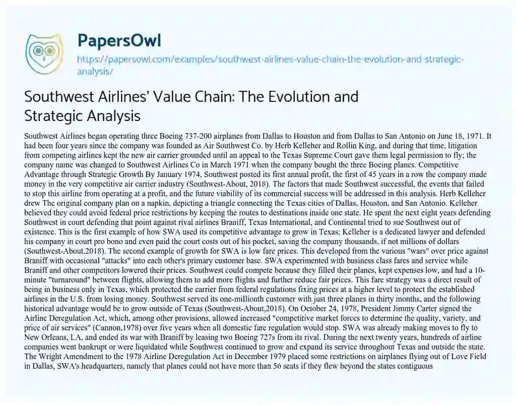 Essay on Southwest Airlines’ Value Chain: the Evolution and Strategic Analysis