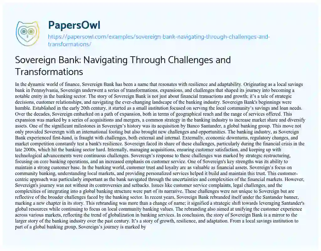 Essay on Sovereign Bank: Navigating through Challenges and Transformations