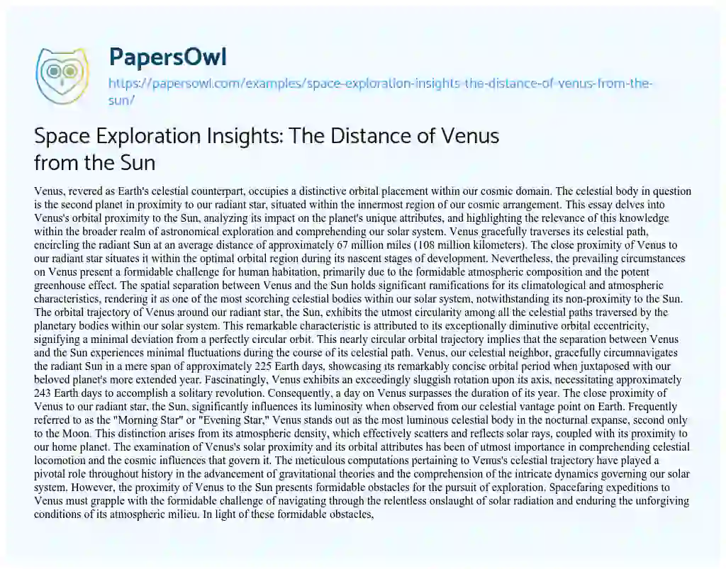 Essay on Space Exploration Insights: the Distance of Venus from the Sun
