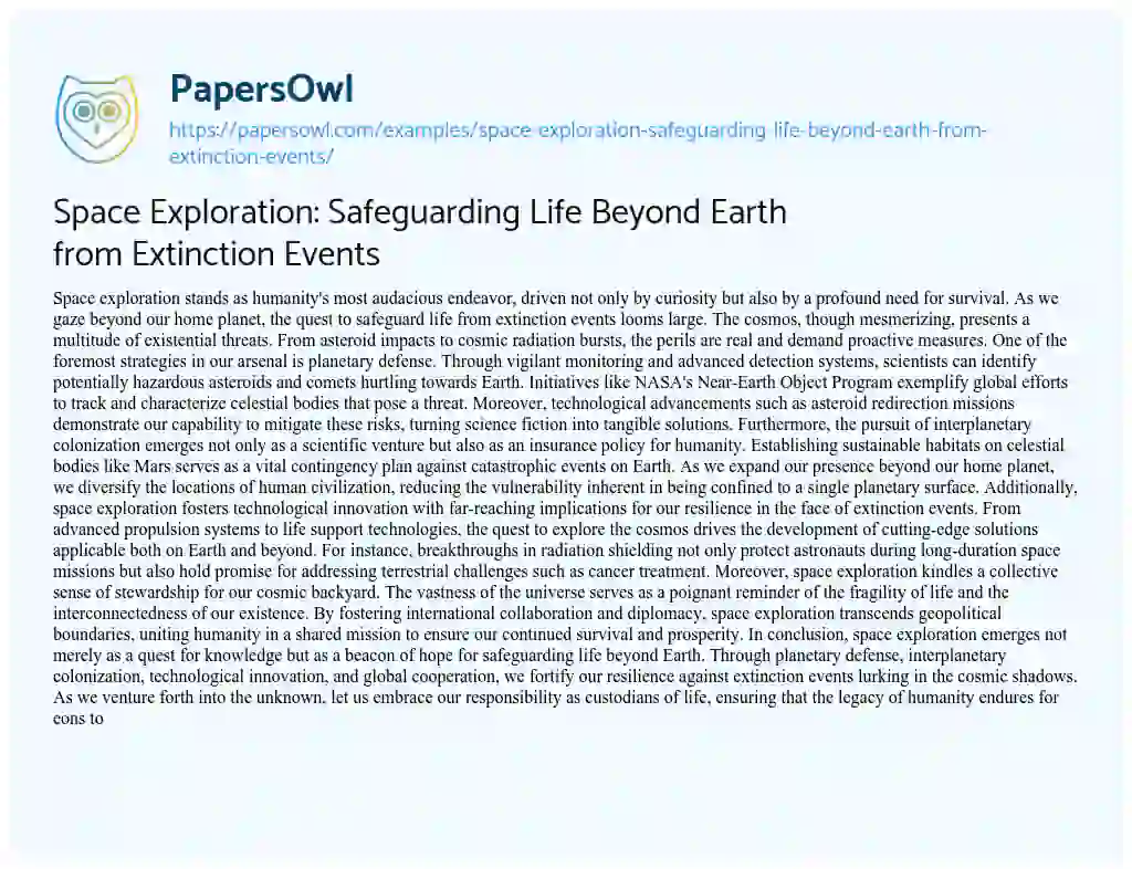 Essay on Space Exploration: Safeguarding Life Beyond Earth from Extinction Events