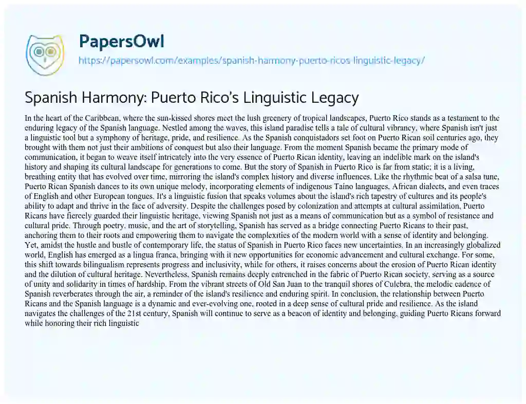 Essay on Spanish Harmony: Puerto Rico’s Linguistic Legacy