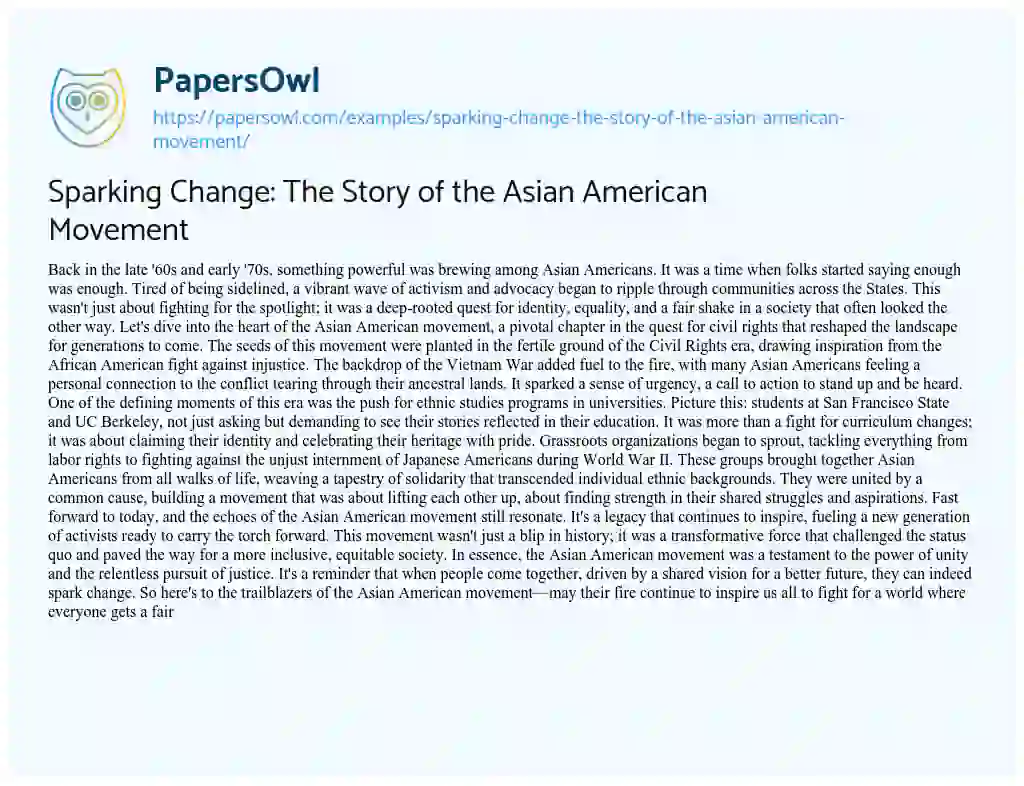 Essay on Sparking Change: the Story of the Asian American Movement