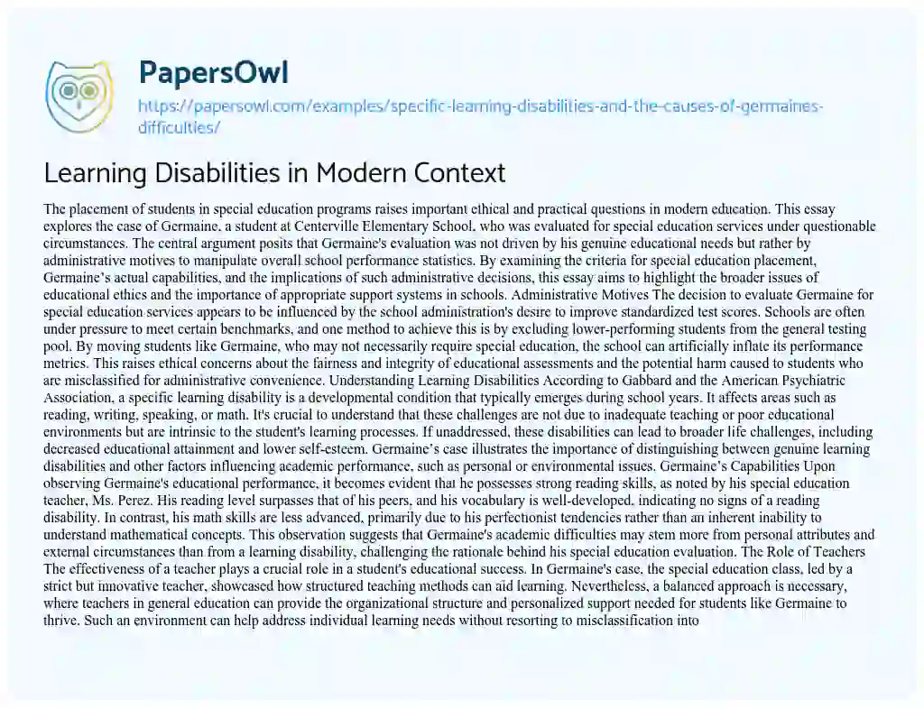 Essay on Specific Learning Disabilities and the Causes of Germaine’s Difficulties