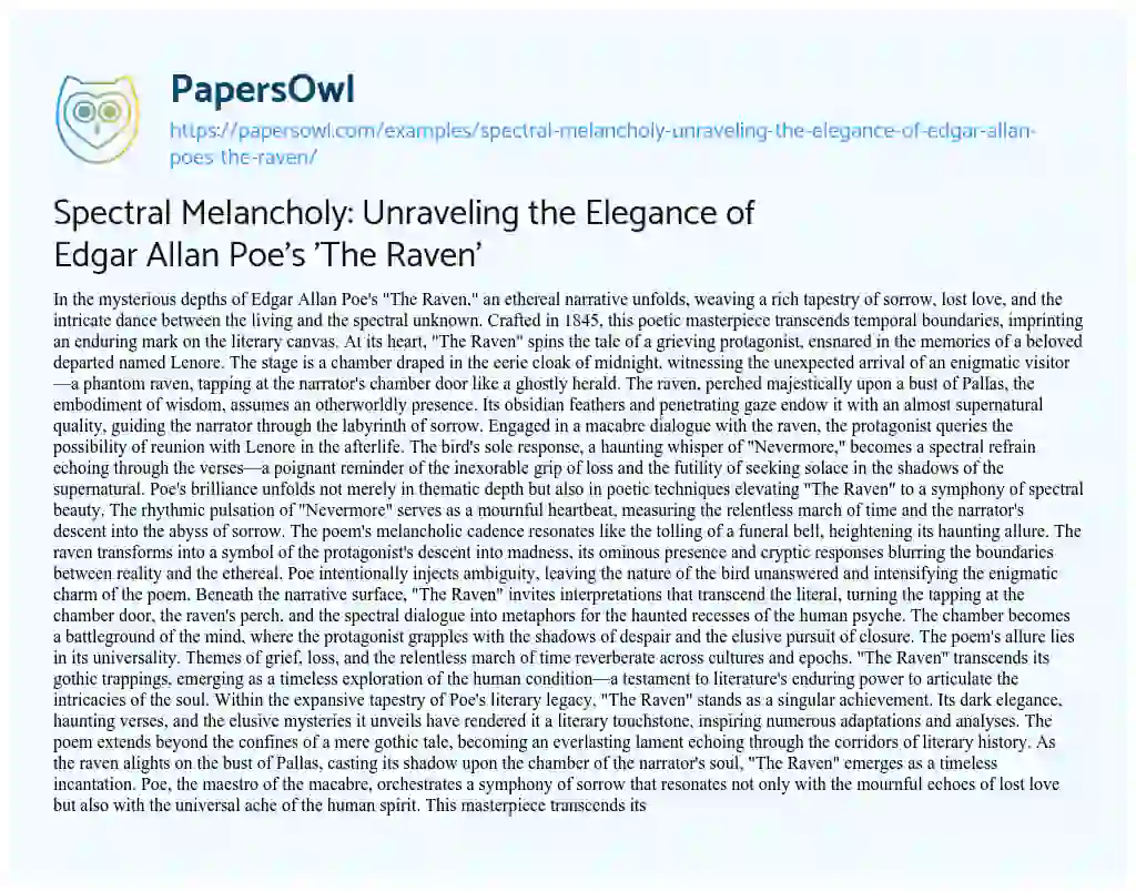 Essay on Spectral Melancholy: Unraveling the Elegance of Edgar Allan Poe’s ‘The Raven’