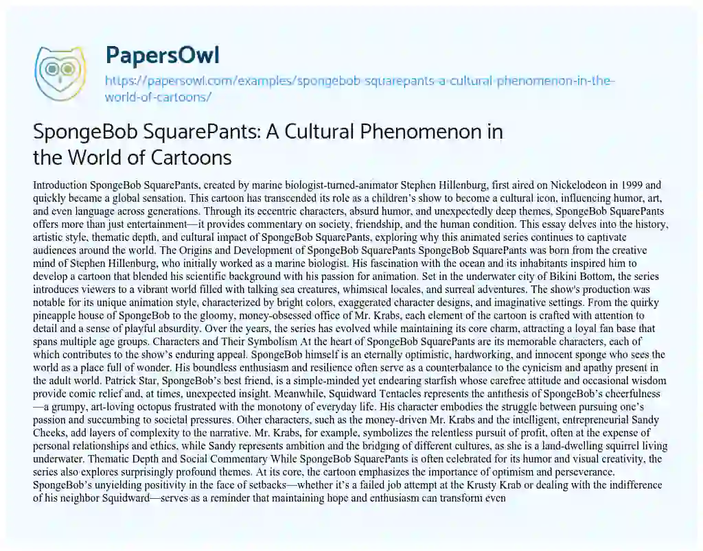 Essay on SpongeBob SquarePants: A Cultural Phenomenon in the World of Cartoons