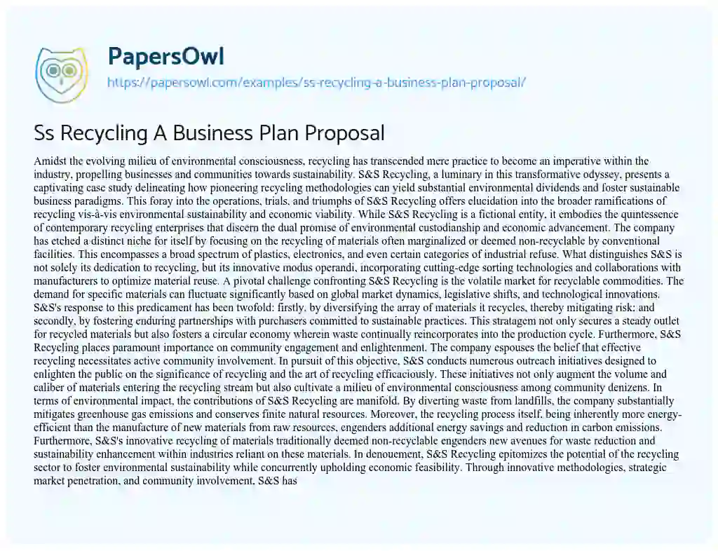 Essay on Ss Recycling a Business Plan Proposal