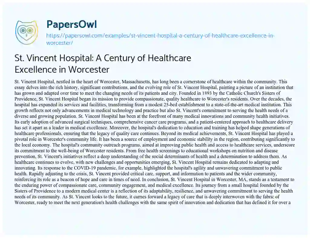 Essay on St. Vincent Hospital: a Century of Healthcare Excellence in Worcester