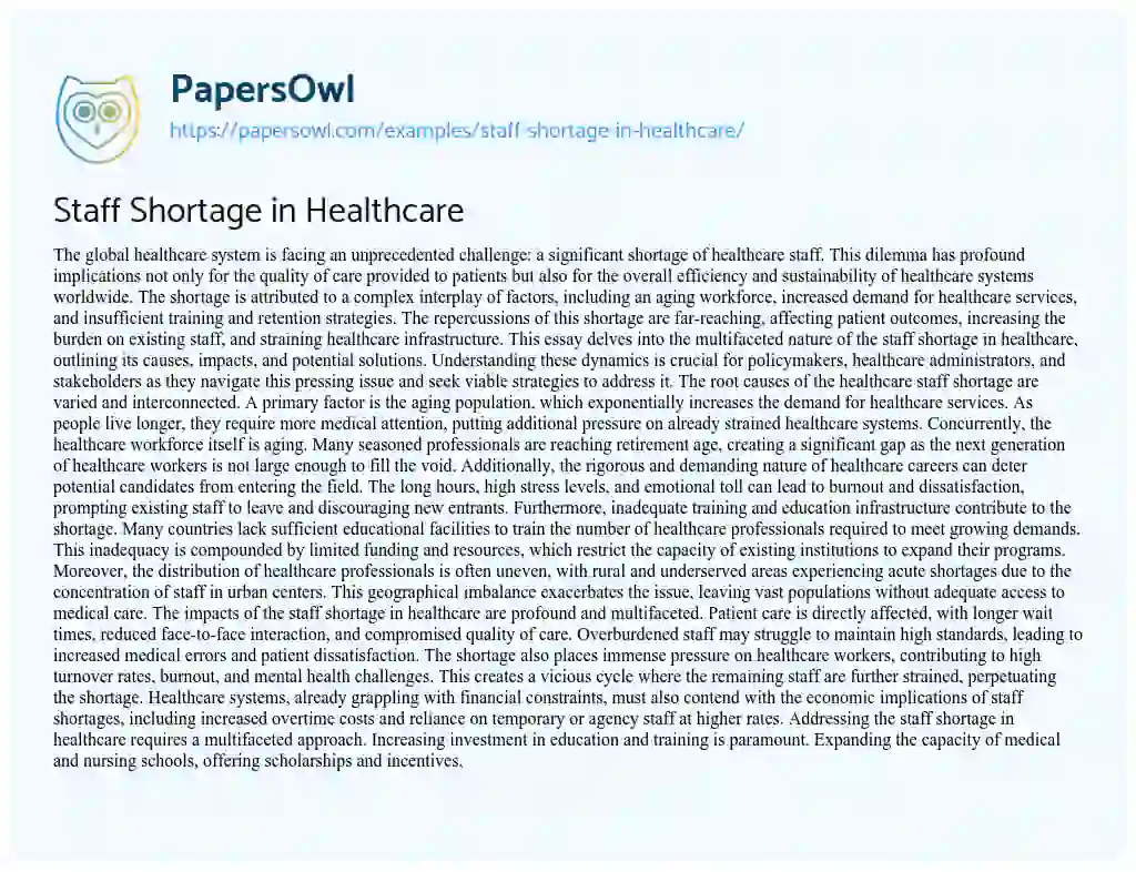 Essay on Staff Shortage in Healthcare
