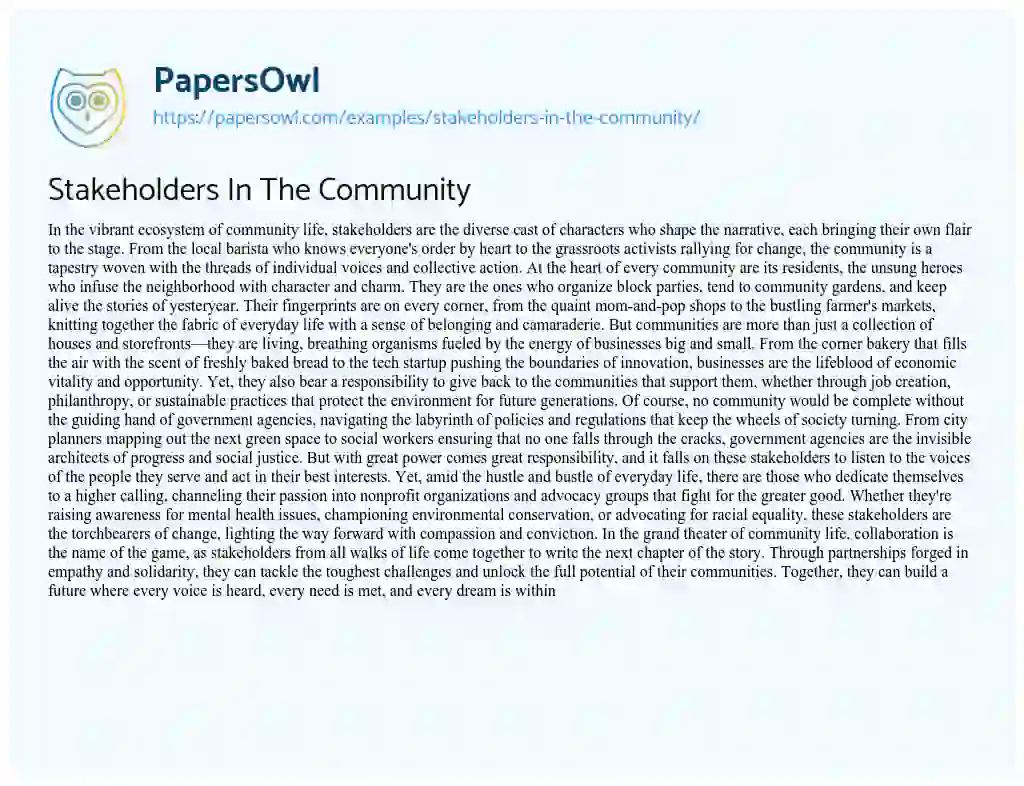 Essay on Stakeholders in the Community