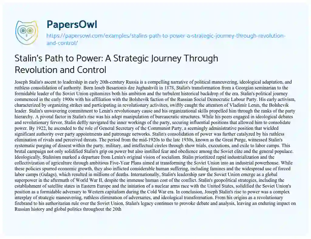 Essay on Stalin’s Path to Power: a Strategic Journey through Revolution and Control