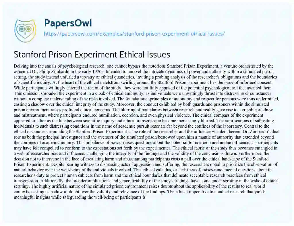 Essay on Stanford Prison Experiment Ethical Issues