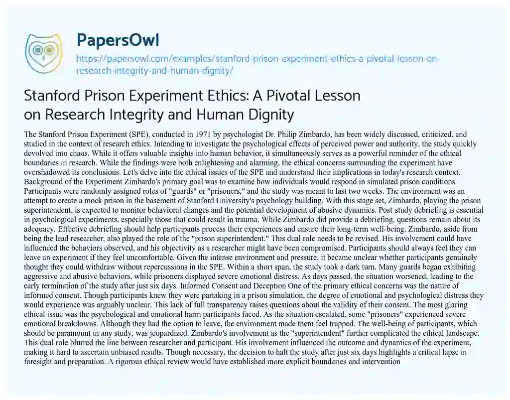 Essay on Stanford Prison Experiment Ethics: a Pivotal Lesson on Research Integrity and Human Dignity
