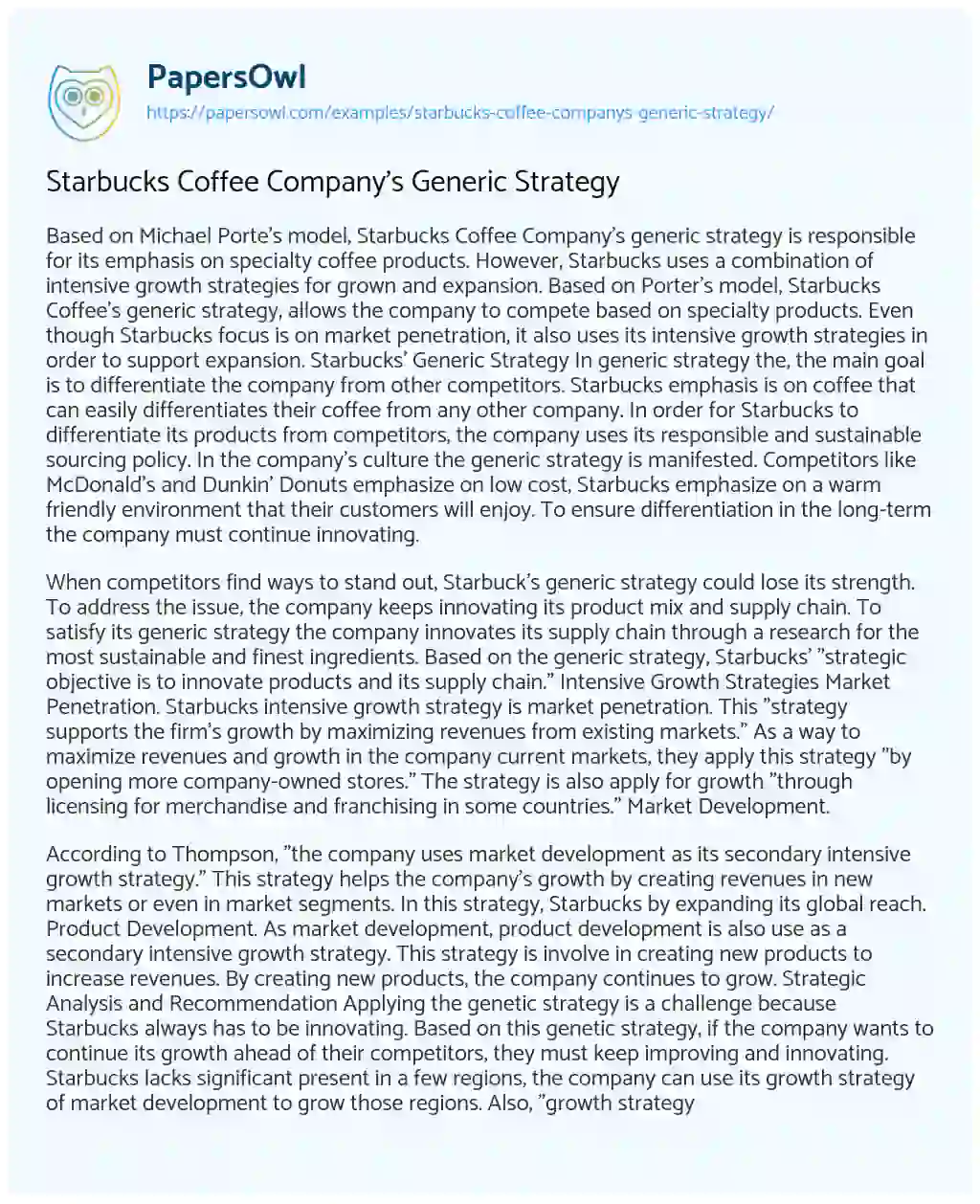 Essay on Starbucks Coffee Company’s Generic Strategy