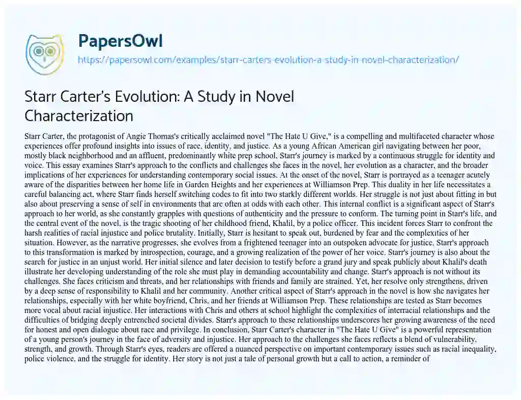 Essay on Starr Carter’s Evolution: a Study in Novel Characterization