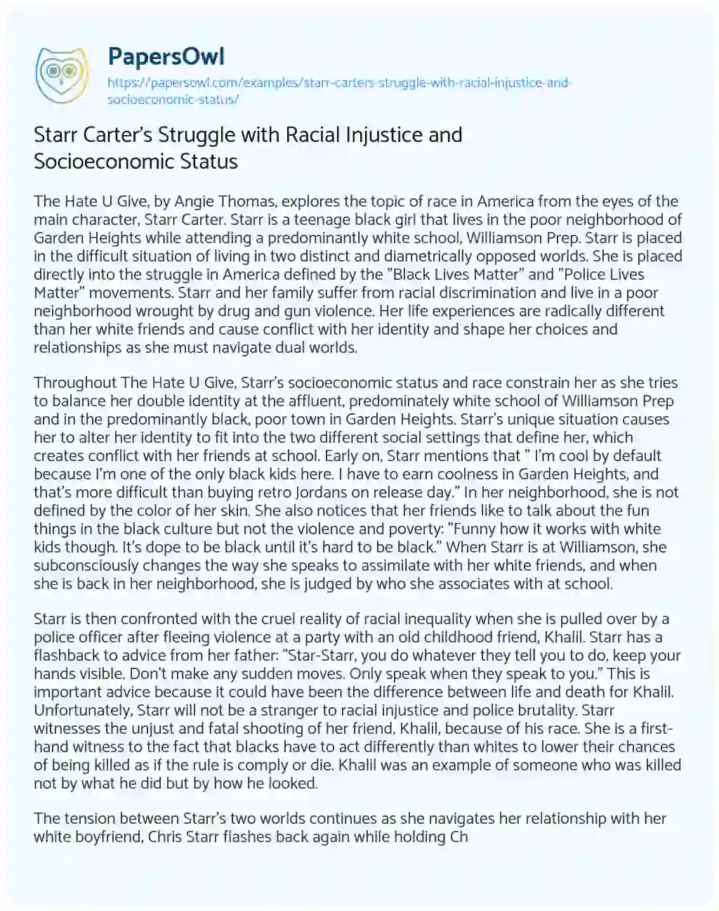 Essay on Starr Carter’s Struggle with Racial Injustice and Socioeconomic Status