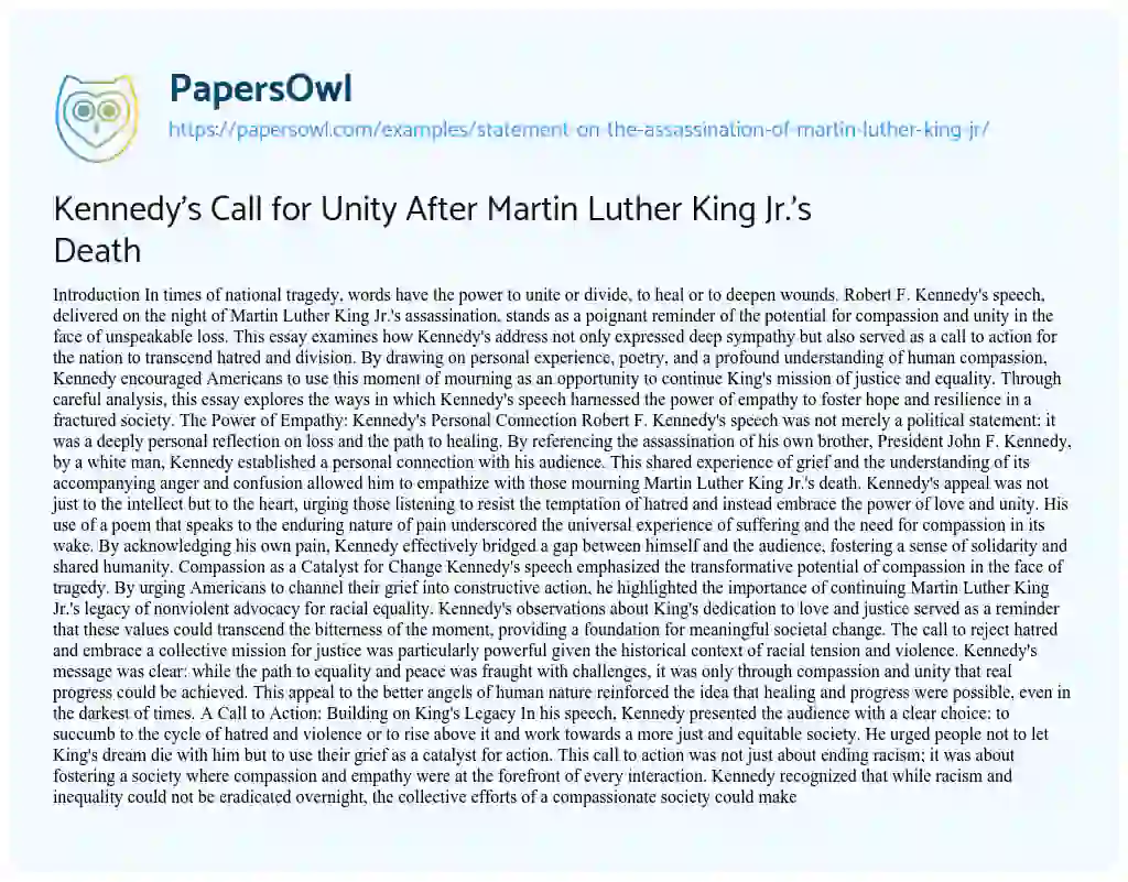 Essay on Statement on the Assassination of Martin Luther King Jr.