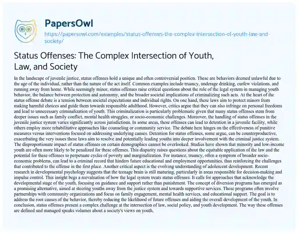 Essay on Status Offenses: the Complex Intersection of Youth, Law, and Society