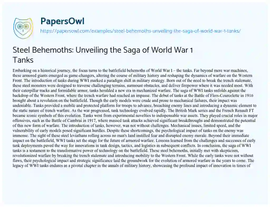 Essay on Steel Behemoths: Unveiling the Saga of World War 1 Tanks