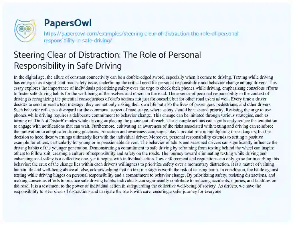 Essay on Steering Clear of Distraction: the Role of Personal Responsibility in Safe Driving
