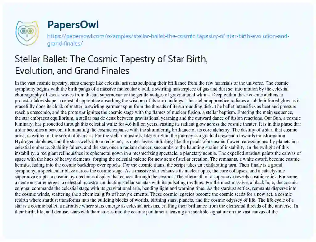 Essay on Stellar Ballet: the Cosmic Tapestry of Star Birth, Evolution, and Grand Finales