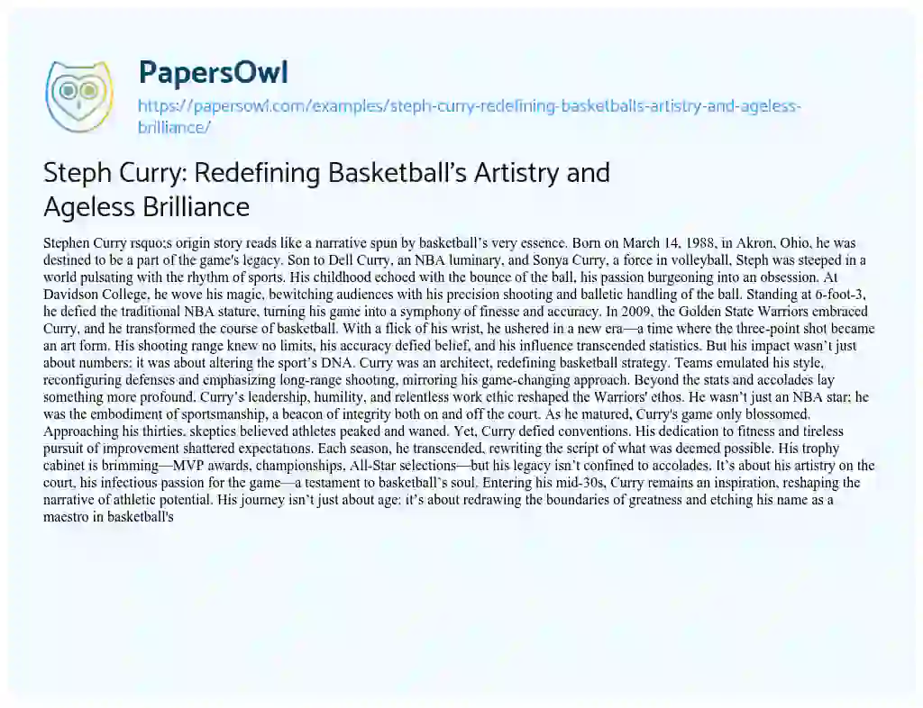 Essay on Steph Curry: Redefining Basketball’s Artistry and Ageless Brilliance