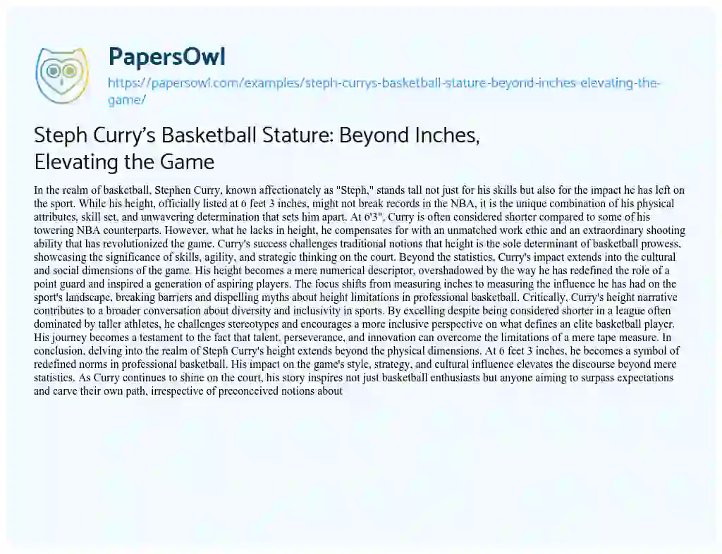 Essay on Steph Curry’s Basketball Stature: Beyond Inches, Elevating the Game
