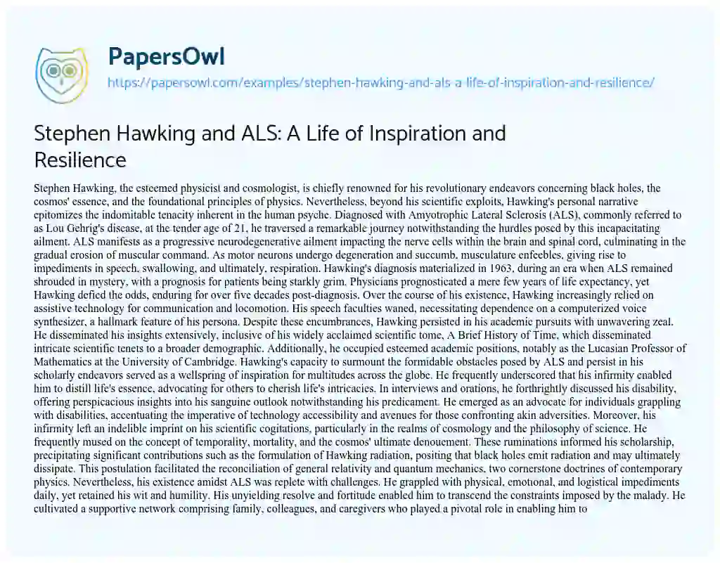 Essay on Stephen Hawking and ALS: a Life of Inspiration and Resilience