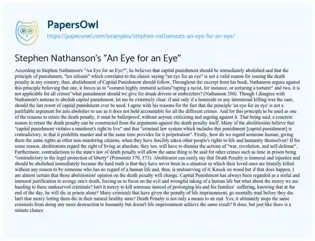 Essay on Stephen Nathanson’s “An Eye for an Eye”
