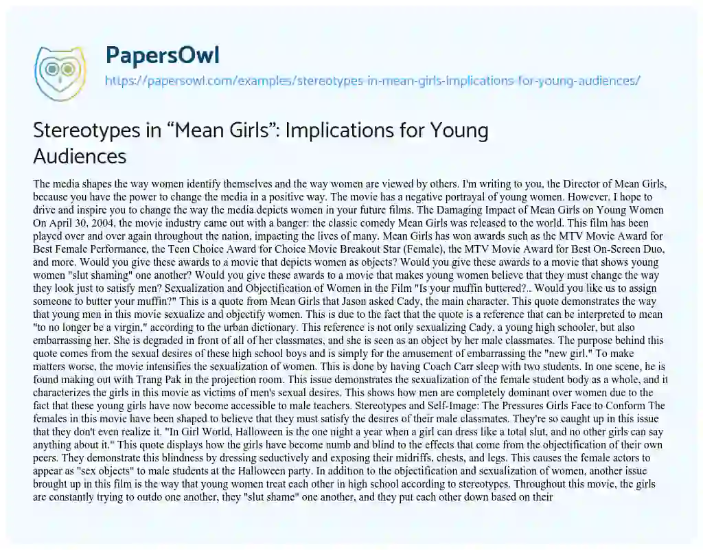 Essay on Stereotypes in “Mean Girls”: Implications for Young Audiences