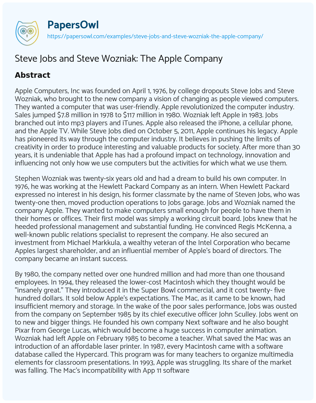 Essay on Steve Jobs and Steve Wozniak: the Apple Company