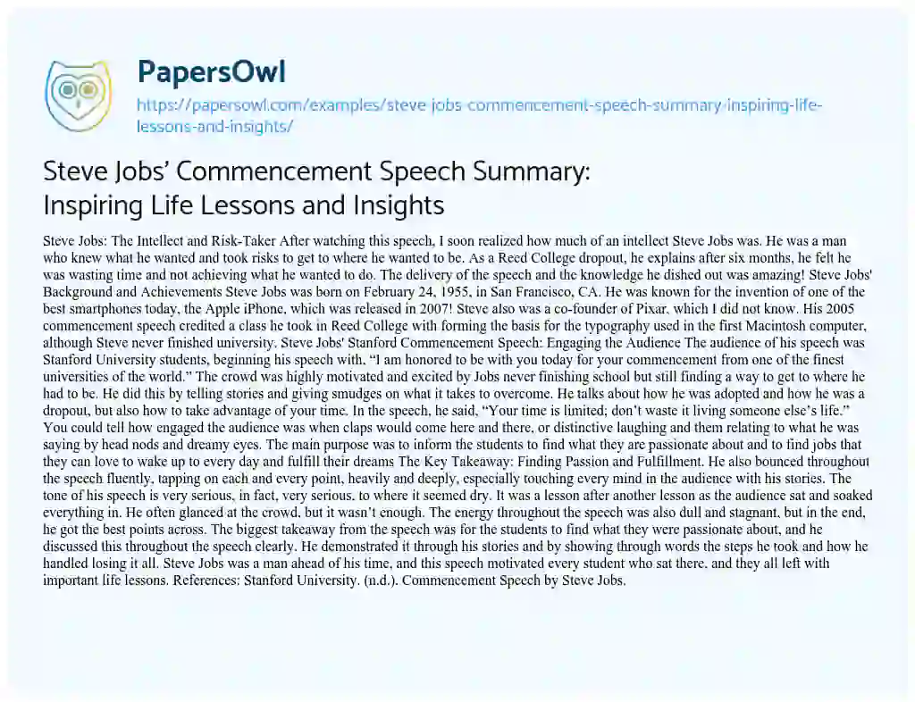 Essay on Steve Jobs’ Commencement Speech Summary: Inspiring Life Lessons and Insights