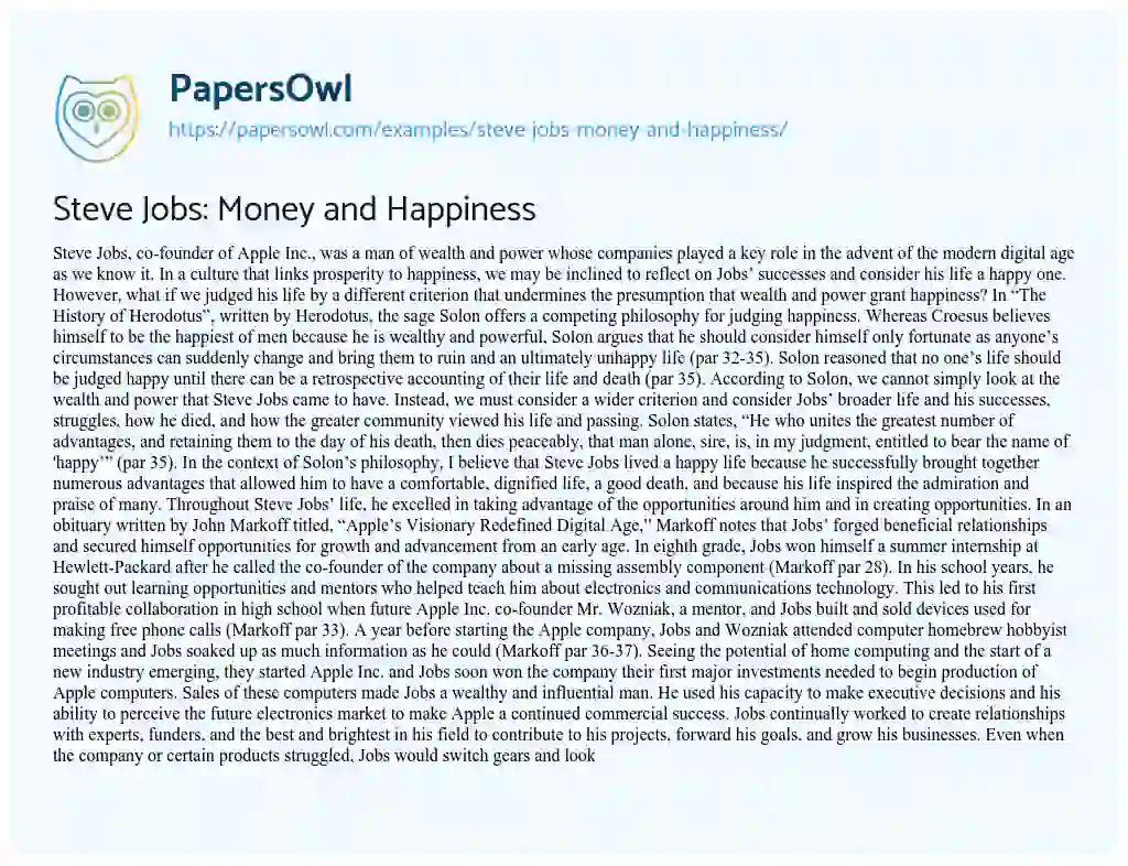 Essay on Steve Jobs: Money and Happiness