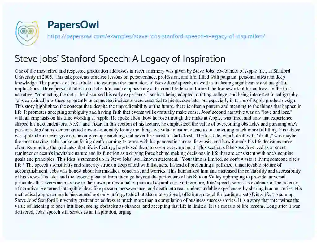 Essay on Steve Jobs’ Stanford Speech: a Legacy of Inspiration