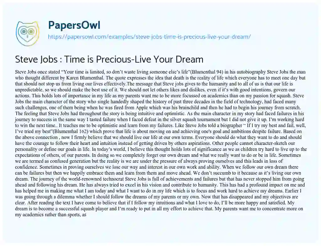 Essay on Steve Jobs : Time is Precious-Live your Dream