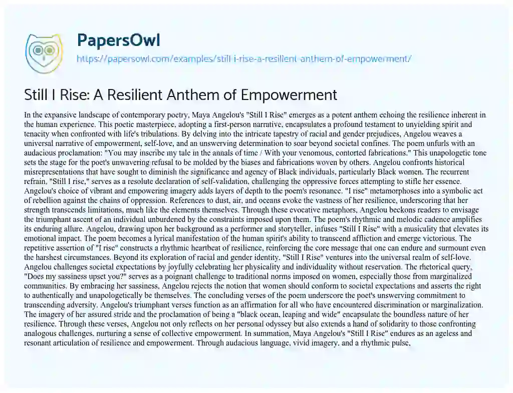 Essay on Still i Rise: a Resilient Anthem of Empowerment