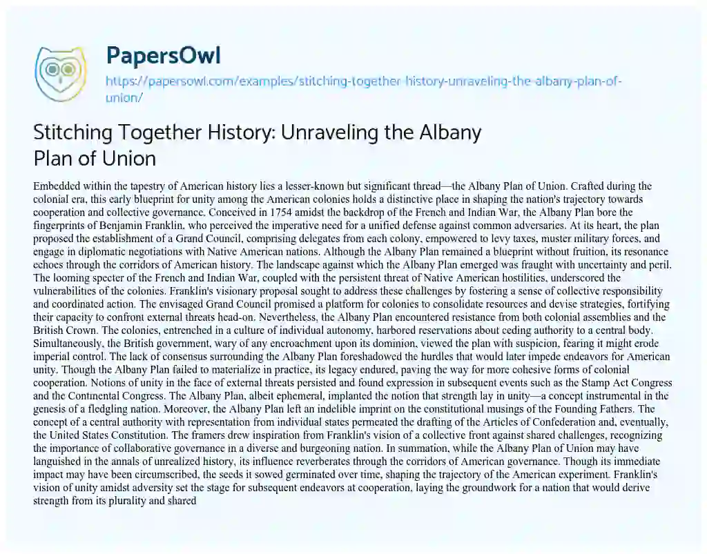 Essay on Stitching Together History: Unraveling the Albany Plan of Union