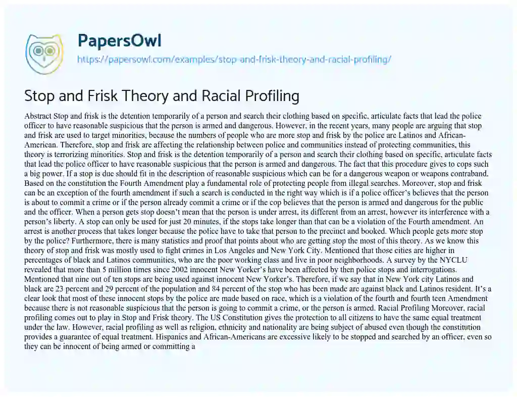 Essay on Stop and Frisk Theory and Racial Profiling