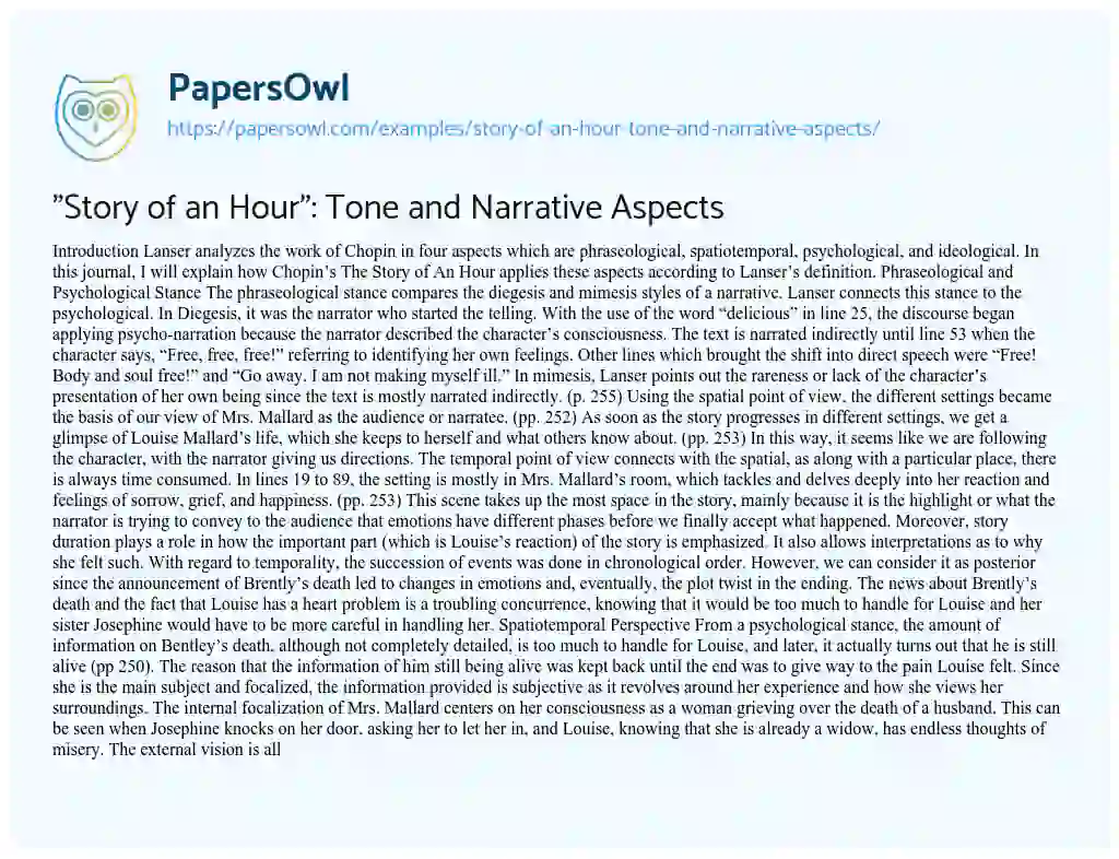 Essay on “Story of an Hour”: Tone and Narrative Aspects
