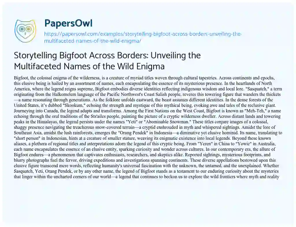 Essay on Storytelling Bigfoot Across Borders: Unveiling the Multifaceted Names of the Wild Enigma